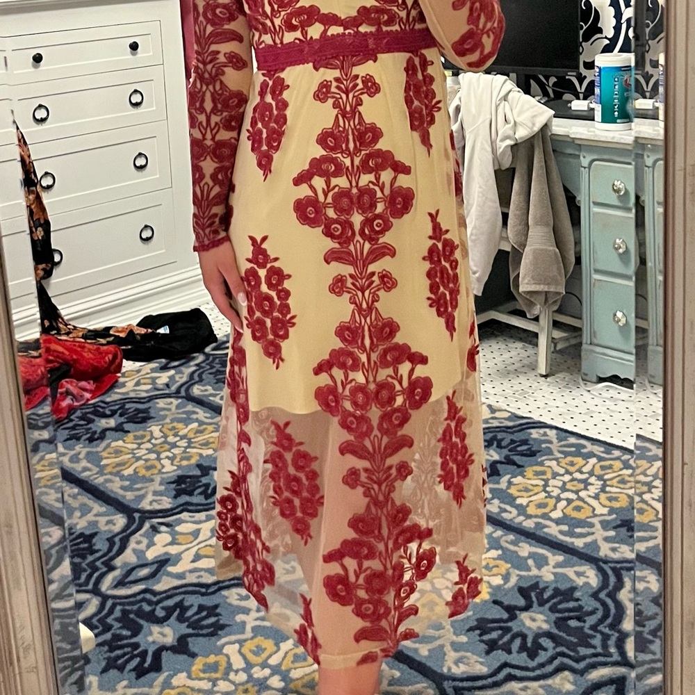 Elegant Floral Lace Dress in Red and Cream - Wedding Guest Dress Gown